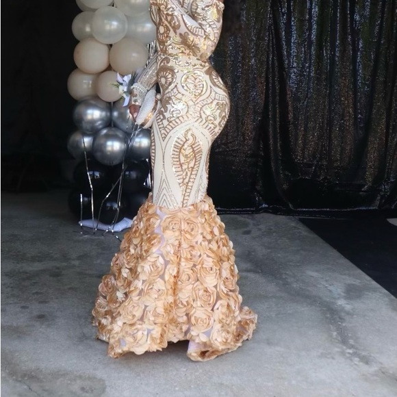 Dresses & Skirts - Prom dress gold and cream off the shoulders was redone at the waist and wrist